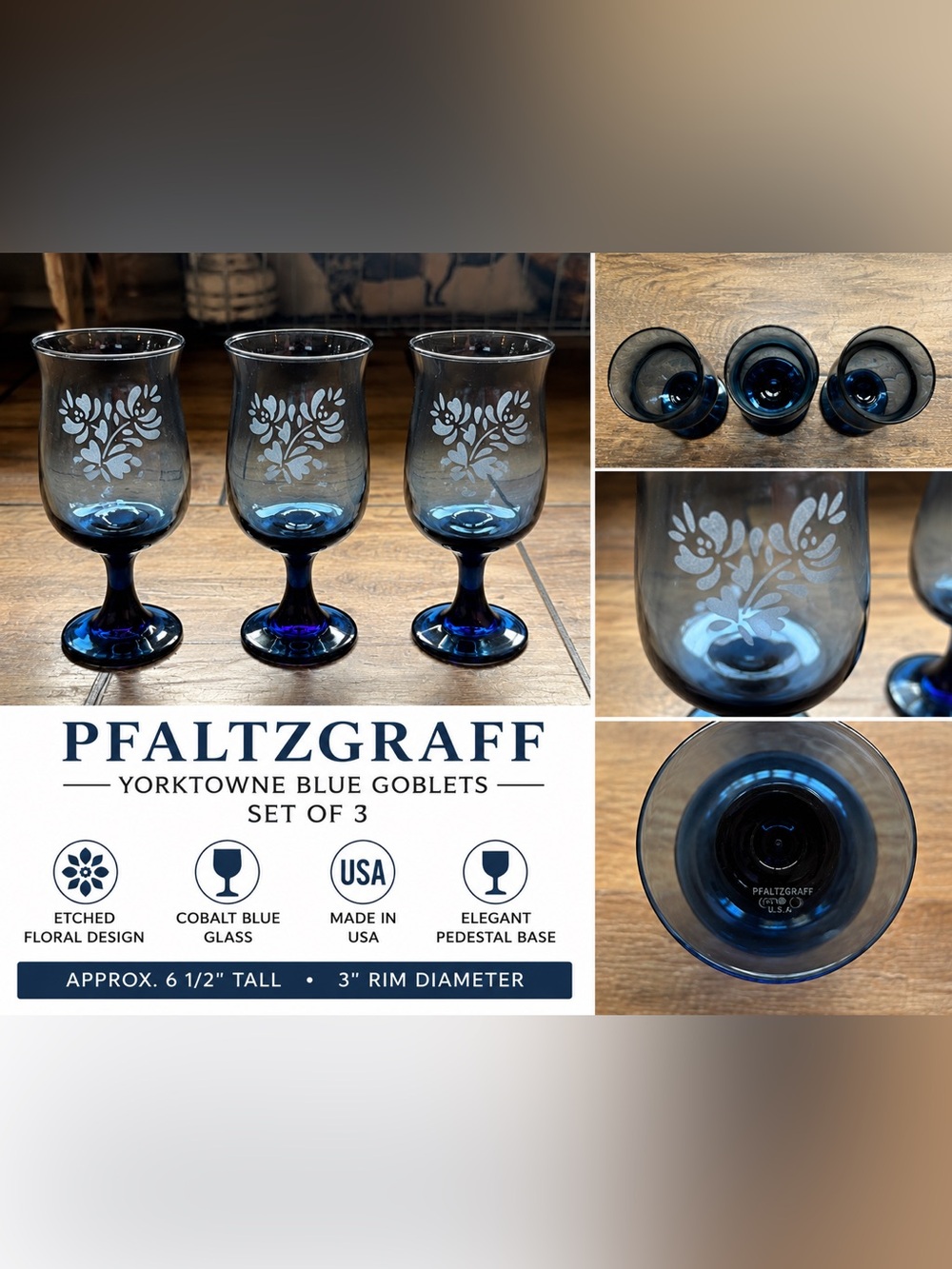 Set of 3 Pfaltzgraff Yorktowne Blue Goblets Wine Glasses Etched Floral USA
